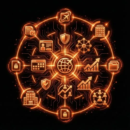 A hospitality management team reviewing booking data and guest activity on a digital dashboard