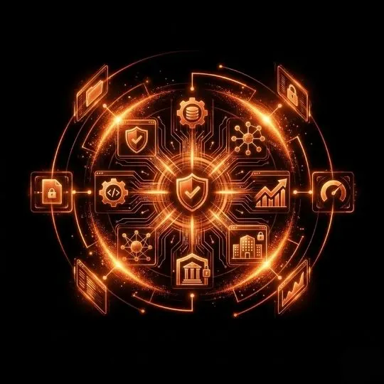 A developer coding a clean web interface on a desktop with layout blocks and UI elements